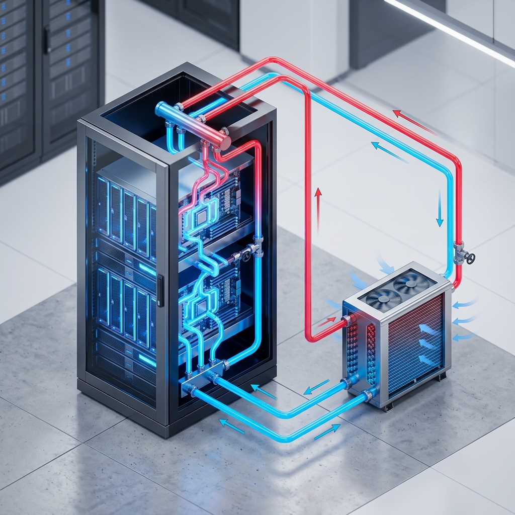 3D isometric diagram of a data center closed-loop liquid cooling system showing hot and cold flow